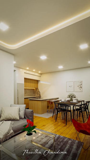 Contemporary apartment dining space with wooden cabinetry, soft ceiling lights and elegant decor shown as a high quality 3D i