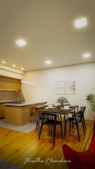 Modern apartment dining area with wooden table, black chairs and warm ceiling lighting created as a photorealistic 3D interio