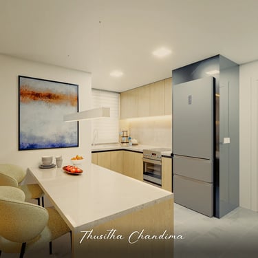 Contemporary apartment kitchen and dining space featuring wooden finishes, artwork and soft warm lighting created as a realis