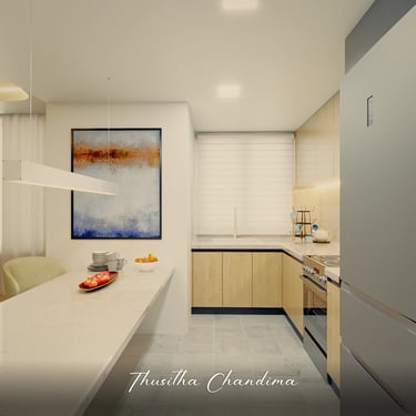 Bright modern kitchen interior with white cabinetry, wall artwork and subtle ceiling lighting produced as a high quality 3D v