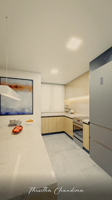 Narrow apartment kitchen corridor with white cabinets, modern appliances and warm spot lighting shown as a clean 3D interior 