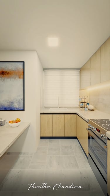 Open concept living room and kitchen interior with beige sofa, wooden cabinets and warm lighting designed as a realistic 3D a