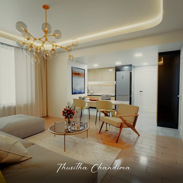 Stylish living and dining room interior featuring golden hanging lights, soft seating and wooden flooring created as a photor