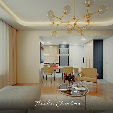 Elegant apartment living room with golden chandeliers, modern furniture and large curtains presented as a detailed 3D interio