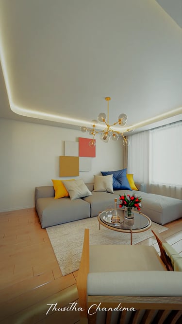 Cozy apartment living room featuring wall art, soft ambient lighting and a neutral color palette shown as a high quality 3D v