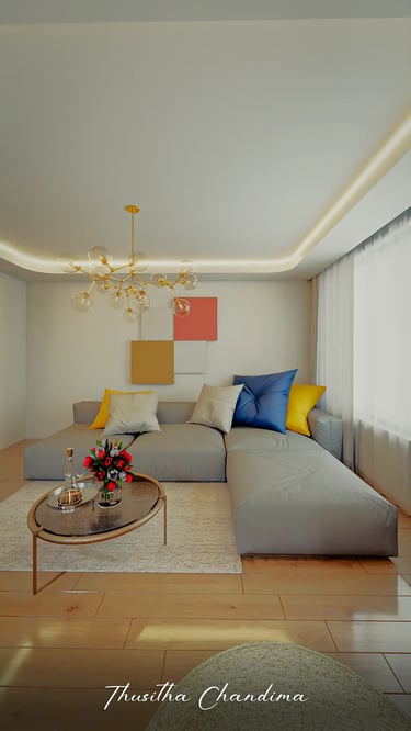 Modern apartment living room with light sofa, round coffee table and warm ceiling lighting created as a photorealistic 3D int