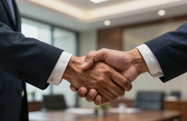 A close-up of a firm handshake between two business professionals in a high-end corporate office in India, symbolizing a successful property deal.