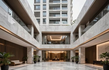 A wide shot of a modern, minimalist lobby of a luxury residential tower in Noida, featuring clean architectural lines and elegant South Asian decor.