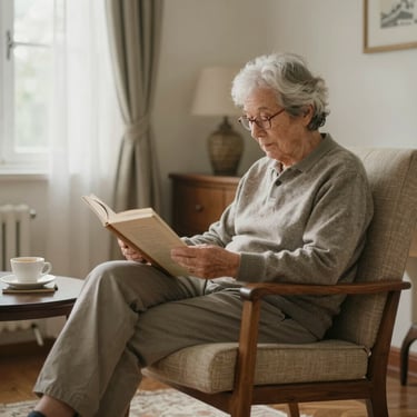 Cozy senior resident reading a book in a sunlit boutique hotel room.