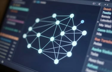 Close-up of a high-tech screen displaying complex data nodes and connections, glowing in #778DA9 against a #0D1B2A background, representing advanced market analysis.