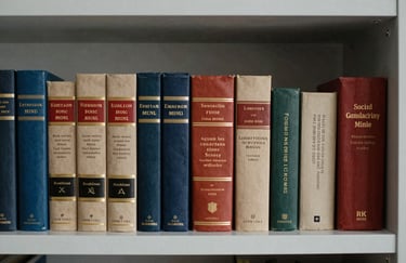 A collection of legal volumes and social theory books arranged neatly on a pale mist grey shelf, symbols of a principled mind.