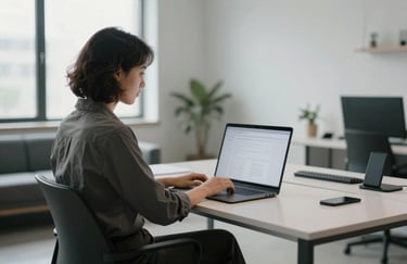 A professional sitting at a minimalist desk in a bright, modern North American apartment office, focused on a laptop screen.