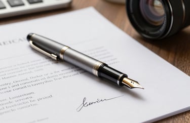 A sharp focus photograph of a high-quality fountain pen resting on a signed document, bright professional lighting, North American office context.