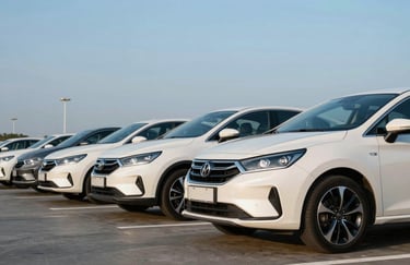 A row of pristine off-white cars in a modern parking facility under a clear light blue sky, highlighting a well-maintained and reliable fleet.