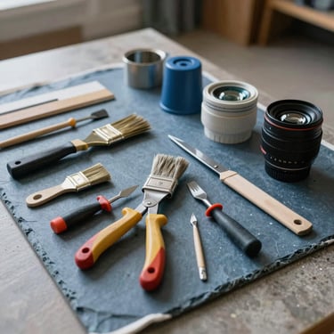 A set of professional painting tools and tiling equipment neatly arranged on a clean drop cloth inside a North American home, slate blue colors.