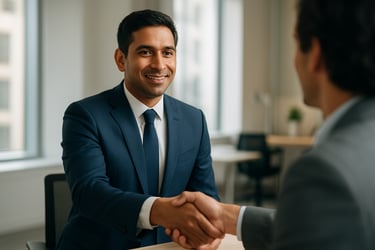 A South Asian / Indian professional in a navy blue business suit shaking hands with a client in a bright, contemporary office environment.