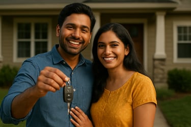 A South Asian / Indian couple smiling while holding a set of new car keys, standing in front of their home, representing security and success.