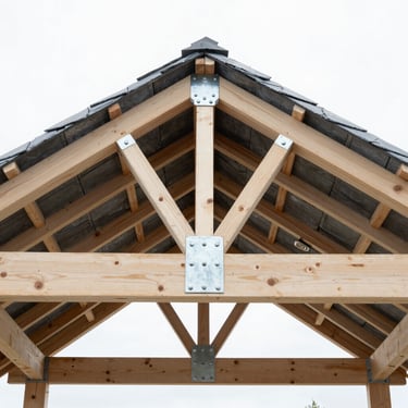 Straight-on structural shot of a newly reinforced timber roof truss, bright clean interior work lights, sharp focus on heavy steel connection plates, desaturated slate tones, 35mm lens