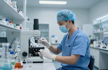 A medical professional in scrubs working in a modern, brightly lit laboratory with scientific glassware and advanced testing equipment, soft light blue tones.