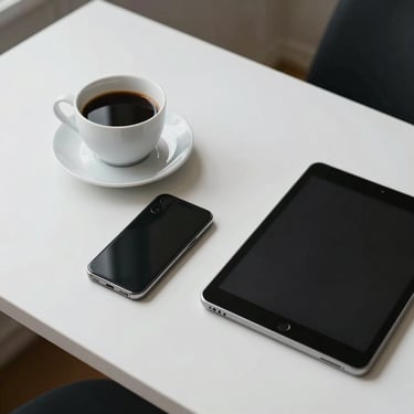 A sophisticated top-down shot of a minimalist workspace with a coffee cup, a smartphone, and a tablet on a clean white surface in a French apartment.