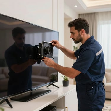 A technician in a professional navy blue uniform inspecting the back panel of a large television in a bright, upscale home in Al Nahda. Middle Eastern interior design.