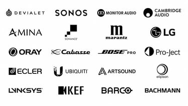 Logos de marques audio, vidéo et réseau sélectionnées par Audio Video Neuilly