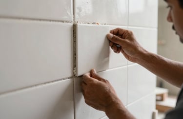 A close-up of a worker's hands installing off-white ceramic wall tiles with precision on a North American / US (Dallas-Fort Worth) construction site.