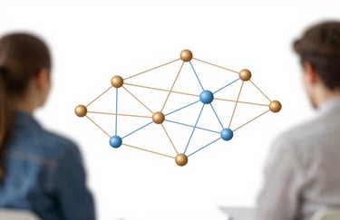 A minimalist illustration of multiple connected nodes in golden copper and sky blue, representing a network of students and experts collaborating in a digital community. Clean white background.