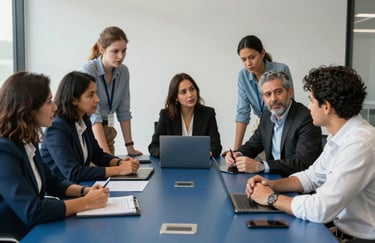 A collaborative team of diverse professionals in a Latin American / Spanish office discussing growth strategies around a large ocean blue table.