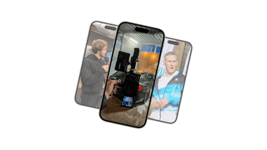 Kolm mobiiltelefoni, mis näitavad videoproduktsiooni, uudisteintervjuud ja telgitagust kaameravarust