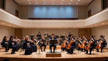 An elegant evening performance viewed from the balcony, showing the symmetry of the orchestra and the deep navy blue shadows of the concert hall.