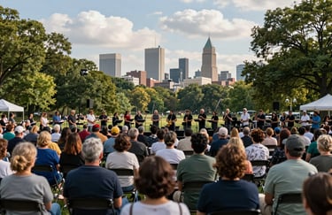 A wide shot of a community concert held in a bright, inviting Indianapolis park, featuring diverse audience members and mist white clouds in the sky.