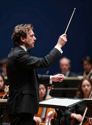 A dynamic shot of a conductor in motion, with a baton raised, set against a blurred background of deep navy blue orchestral sections.