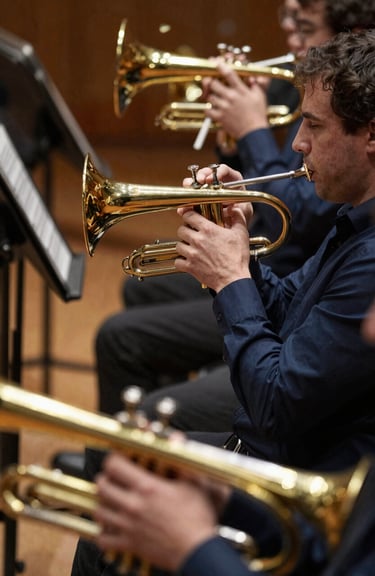 The brass section of the orchestra reflecting the warm stage lights, with polished gold instruments contrasted against deep navy blue clothing.