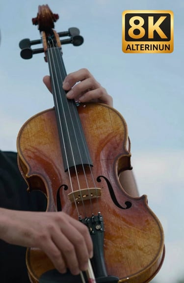 A close-up shot of a violinist's hands and the wooden texture of the violin, with soft sky blue lighting catching the strings.