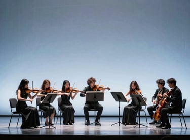 A collaborative performance featuring the orchestra and a local modern artist on a stage bathed in sophisticated steel blue and mist white light.