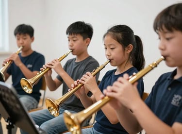 A youth music development program session where children are enthusiastically learning woodwind instruments in a bright mist white room.