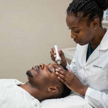 An African woman with glowing skin after a micro-needling session.