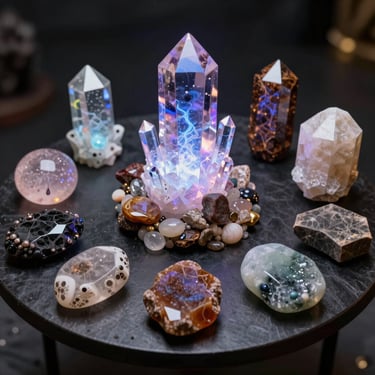 A close-up of a hand holding a glowing crystal beside an astrological chart, bathed in soft moonlight