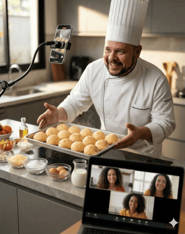Professional chef teaching a virtual cooking class with fresh pão de queijo on camera.