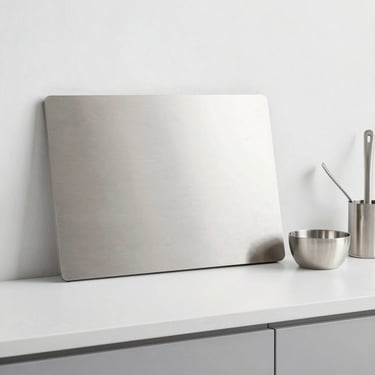 Close-up of a sleek stainless steel cutting board resting on a cream-toned surface.