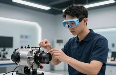 A professional trainee wearing light blue goggles, interacting with a virtual mechanical engine in a sleek, industrial design studio. Bright, clean lighting, North American / Global context.