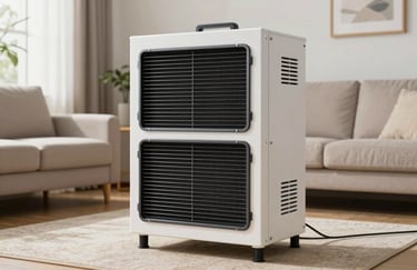A high-efficiency air scrubber machine operating in a clean, brightly lit North American living room, ensuring purified indoor air.