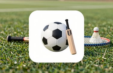 An icon-style photograph of a variety of sports equipment including a soccer ball, cricket bat, and badminton racket, neatly arranged on a high-quality green turf. Soft morning light, professional photography style.