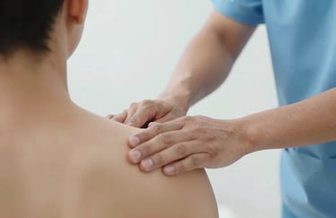 Manual therapy being performed on an athlete's shoulder in a bright, professional setting. Clinical aesthetic with #F8F8F8 and #2EB6B2 accents.