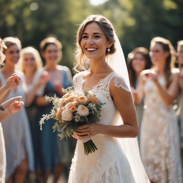 Smiling bride in a lace wedding dress holding a floral bouquet with cheering bridesmaids at an outdoor wedding.