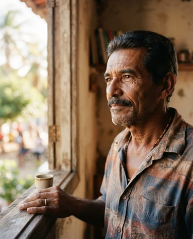 A warm editorial close-up portrait of an older Brazilian man looking thoughtfully out of a sunlit window, soft natural lighting, shallow depth of field, 35mm style