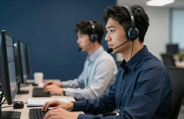 Photography of a technical support agent in a North American / US office environment, wearing a headset, in a workspace featuring deep navy highlights.