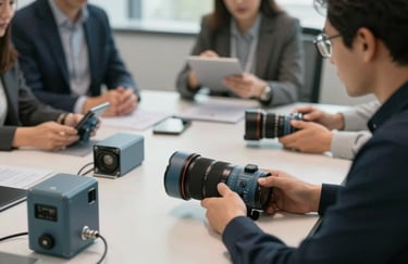 Photography of a collaborative professional team meeting in a North American / US corporate setting, using dusty blue equipment on a pale mist table.
