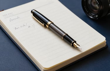 A high-quality photograph of a vintage fountain pen resting on a handwritten journal in a North American / US study, deep navy tones.